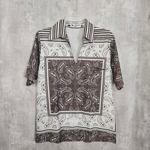 Vintage 70s Alan Stuart Bandana Paisley Polo Shirt Mens M Brown Disco Mod